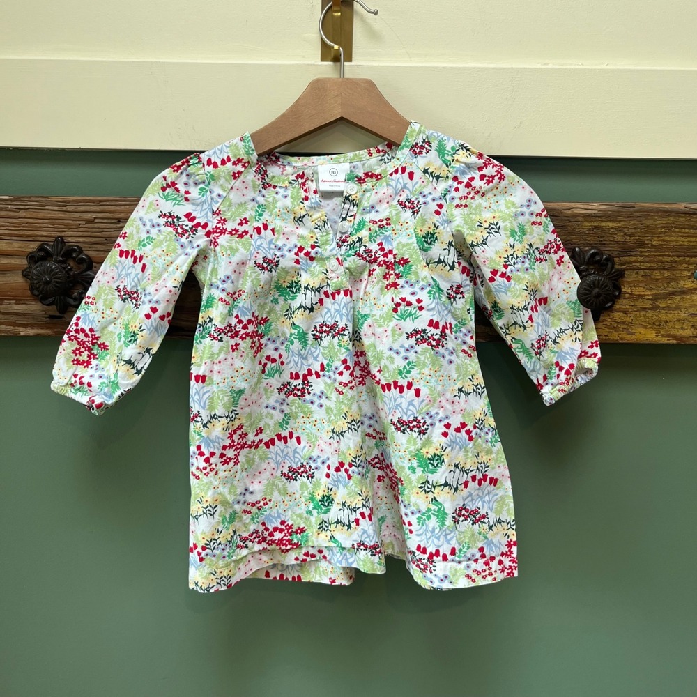 Hanna Andersson Girls Size 80 Floral Cotton Tunic Long Sleeve Button Blouse Red